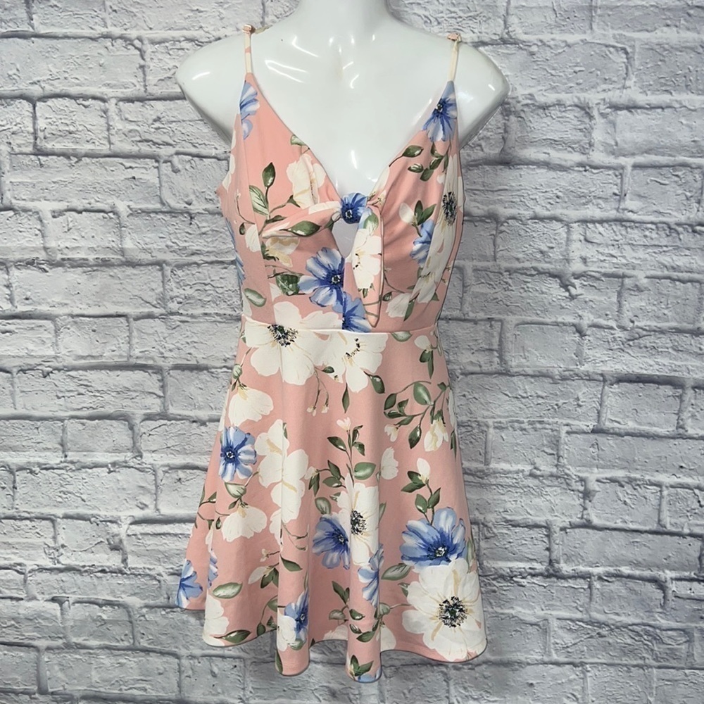 xhilaration pink floral mini dress | front Knott tie | size Small - Picture 2 of 7